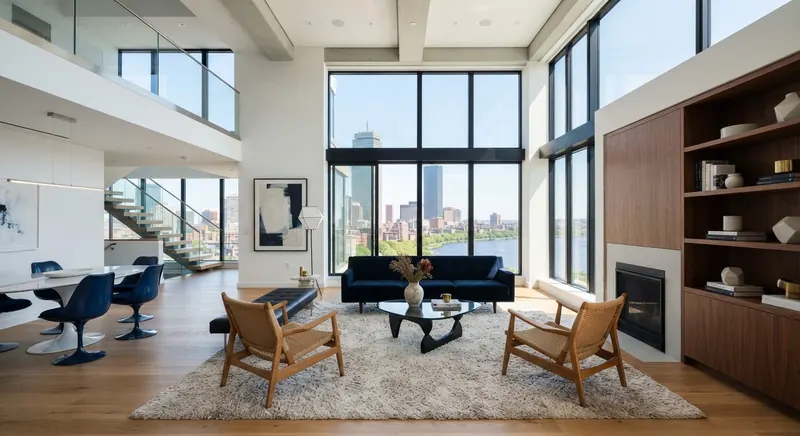 Sunlit duplex living room with floor-to-ceiling windows overlooking the Boston skyline