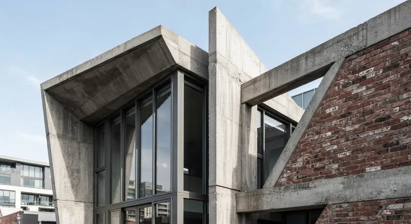 Concrete and glass facade intersecting classic red brick in Cambridge